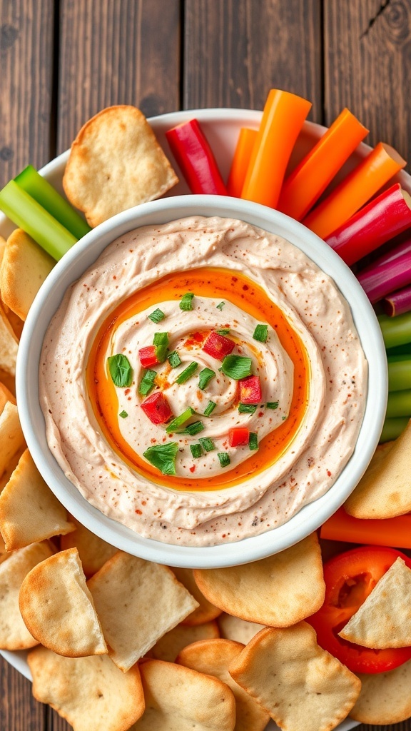 A bowl of creamy feta and roasted red pepper dip with pita chips and vegetables on a rustic table.